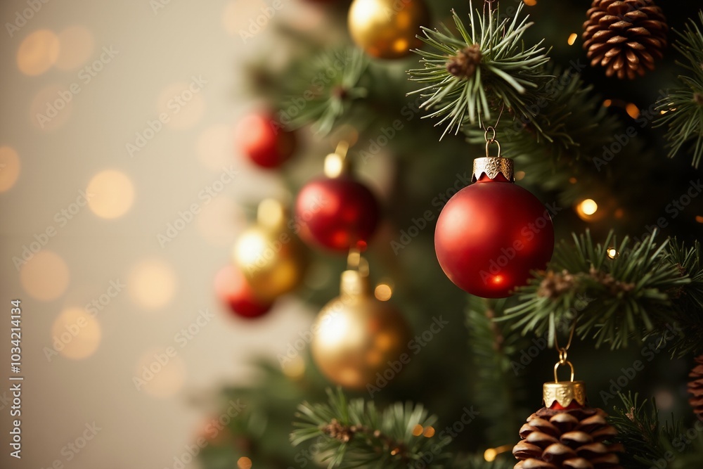 Festive christmas tree with red and gold ornaments and pine cones for holiday decor. Festive christmas tree with red and gold ornaments and pine cones for holiday decor.