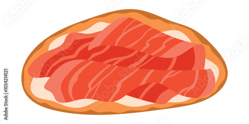 Bruschetta Italian Cuisine Appetizer. Open Sandwich with Grilled Bread Topped with Prosciutto Crudo and Cream Cheese. Isolated Vector Illustration on White Background