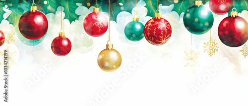 A festive arrangement of colorful Christmas ornaments and holly leaves.