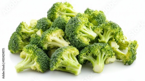 Vibrant Green Broccoli on a White Surface, showcasing the freshness and texture of the florets, emphasizing its nutritional value and culinary versatility.