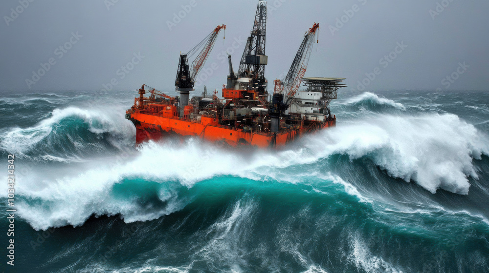 Turbulent seas surround oil rig, showcasing advanced technology amidst chaos Turbulent seas surround oil rig, showcasing advanced technology amidst chaos