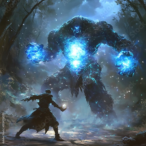 A sorcerer confronts a giant elemental being in a mystical forest, showcasing a battle of magic and power.
