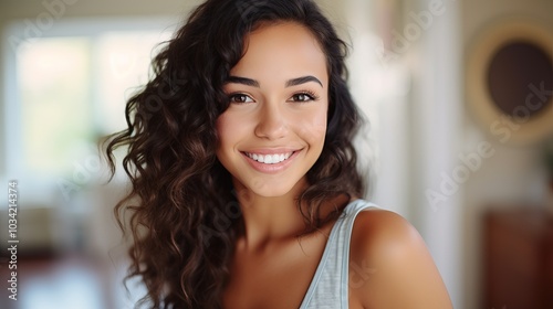 A young woman with curly hair smiles brightly at the camera. Free Download A young woman with curly hair smiles brightly at the camera. - GFXLoad