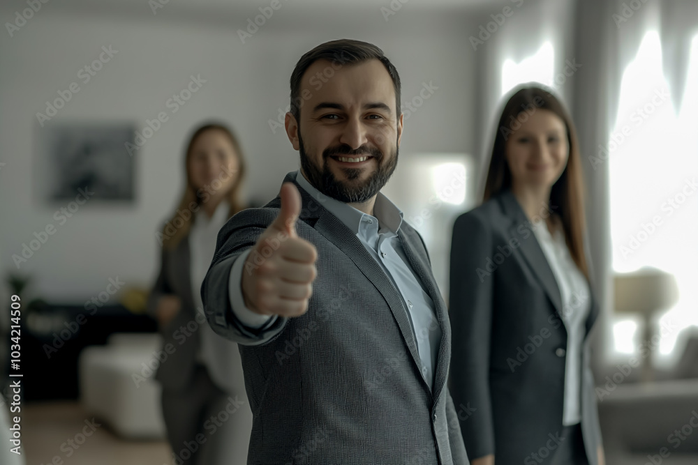 Office team with one man in the foreground giving a thumbs up, smiling. Office team with one man in the foreground giving a thumbs up, smiling.