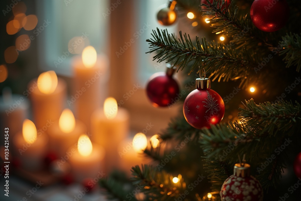 Cozy christmas atmosphere with decorated tree and candlelight for holiday ambiance.