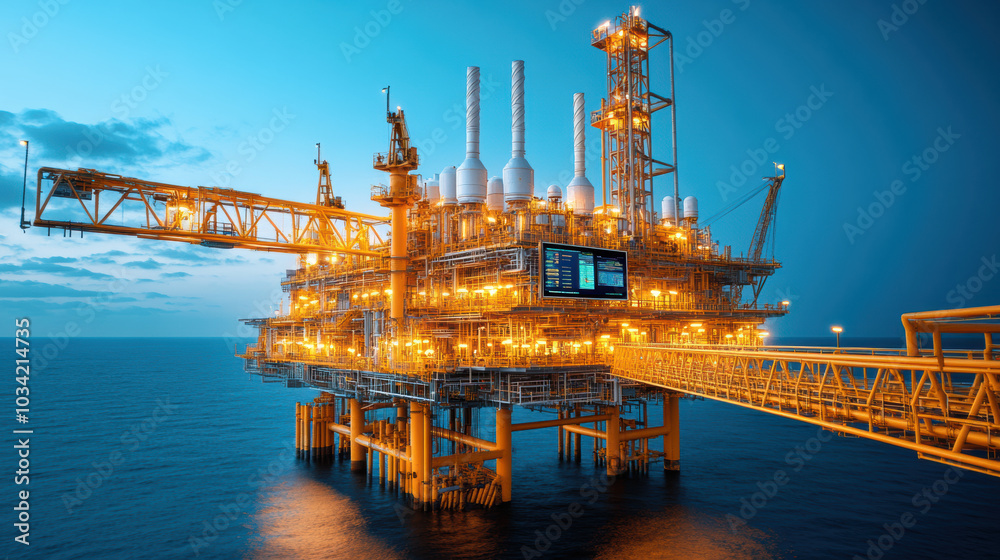 Fototapeta premium Oil rig platform with advanced monitoring systems at sunset, showcasing technology and industry