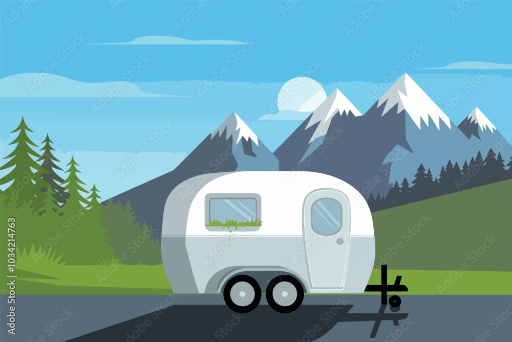 Trailer in a forest, with trees and mountains in the background. Trailer in a forest, with trees and mountains in the background.