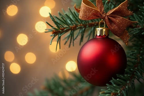 Festive christmas decor with red ornament and warm lighting for holiday design. photo