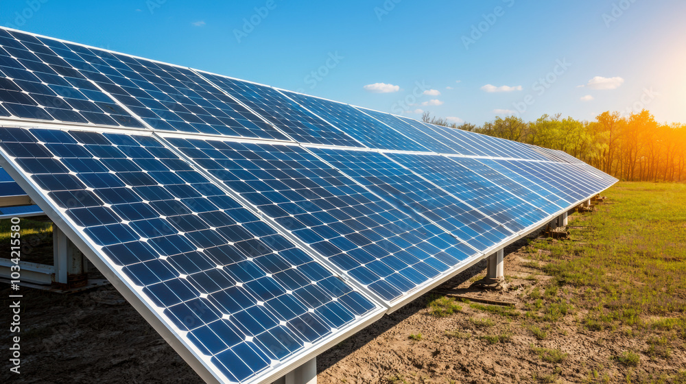 Solar panels in field under clear blue sky, capturing sunlight efficiently Solar panels in field under clear blue sky, capturing sunlight efficiently