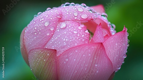 Close-up of a pink lotus bud with water droplets, delicate and soft, capturing the beauty of nature.