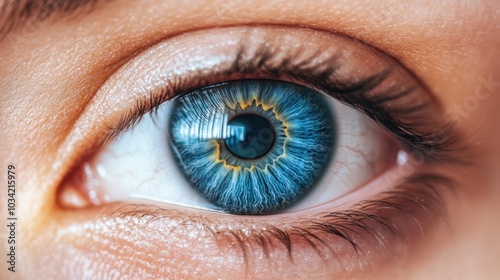 Close-up of a vibrant blue eye showcasing intricate details and colors.