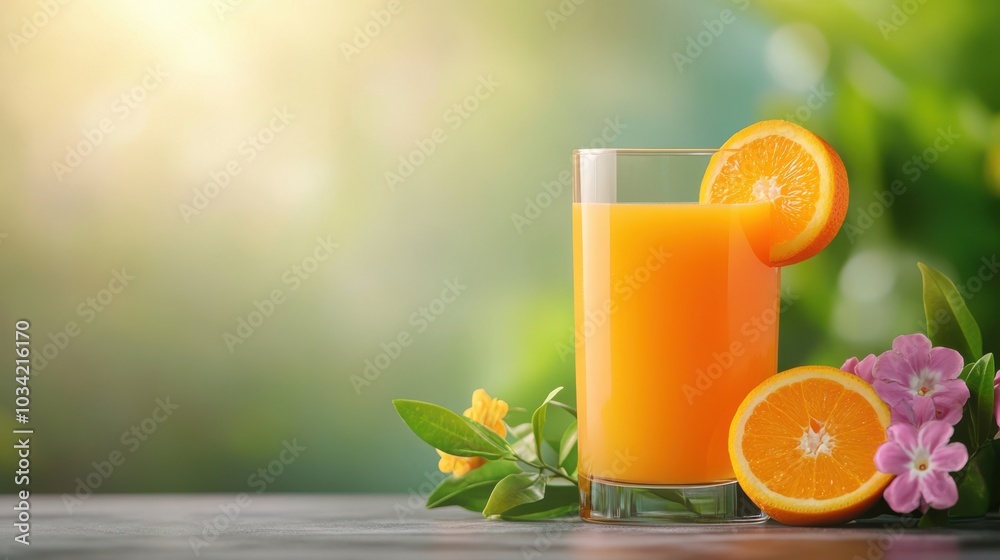 Fresh Orange Juice with Flowers on Wooden Table Fresh Orange Juice with Flowers on Wooden Table