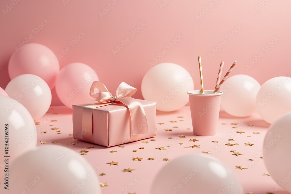 Elegant pink party scene with gift box and balloons for festive celebrations. Elegant pink party scene with gift box and balloons for festive celebrations.