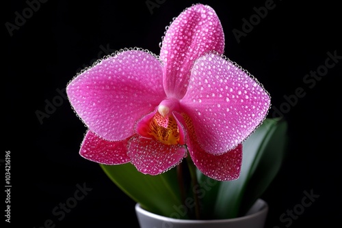 Orchid with dew-covered petals, placed delicately in an elegant vase