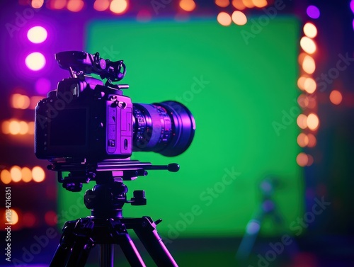 Modern camera on tripod with vibrant lights in blurry background, ideal for studio photography.