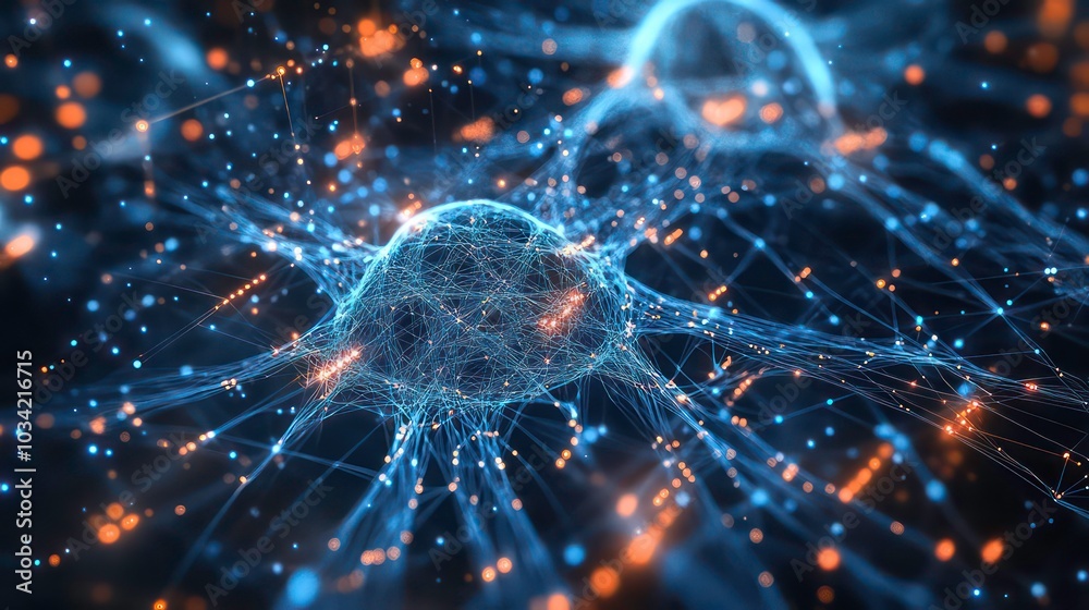 Abstract digital rendering of a neural network with glowing lines and points. Abstract digital rendering of a neural network with glowing lines and points.