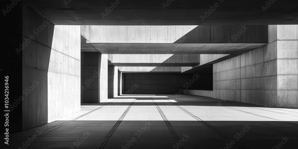 Fototapeta premium Black and white photo of geometric, minimalist architecture with strong linear patterns and dynamic shadows on concrete structures.
