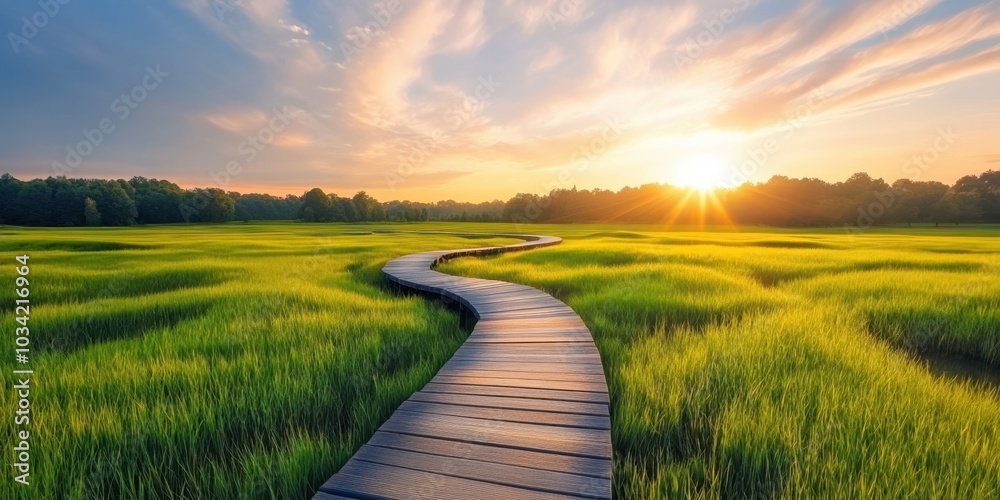 Fototapeta premium Wooden Path Through Green Field at Sunset