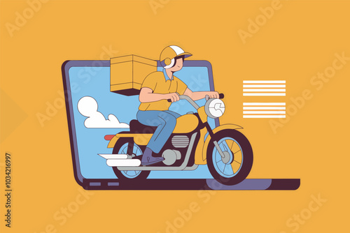 Delivery man with motorcycle coming out of laptop screen, concept of delivery and online shopping.