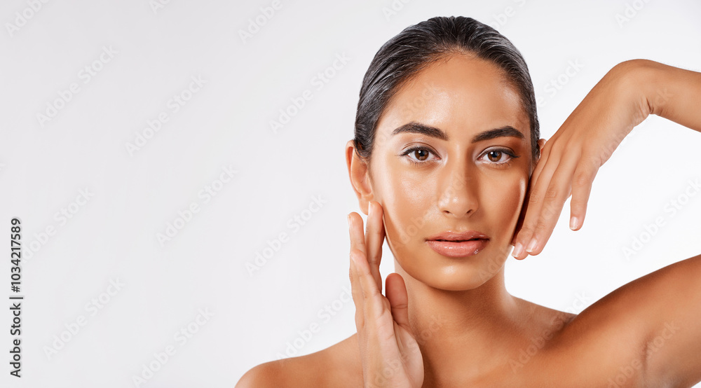 Beauty, space and portrait with woman and hand in studio for self care, cosmetics and dermatology. Collagen, facial and spa treatment with face of female model on white background for skincare mockup Beauty, space and portrait with woman and hand in studio for self care, cosmetics and dermatology. Collagen, facial and spa treatment with face of female model on white background for skincare mockup