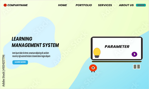 Vector landing page template design for learning management system (LMS) with wave background and monitor screen. Suitable for educational websites or online courses, looks modern and professional
