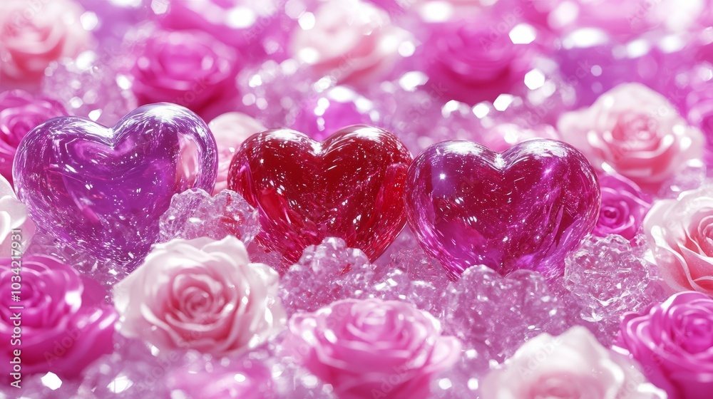Three glass hearts in a field of pink roses. Three glass hearts in a field of pink roses.