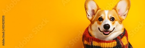 Cute Corgi dog with warm knitted plaid on yellow background