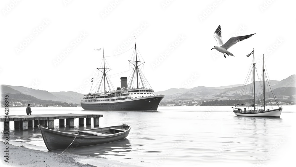 Pencil sketch artistic image of dunedin, new zealand, cruise ship with rolling farmland in far distance, sail boats,  black  white, 1 x albatross flying, rippled water, old wooden row boat tied