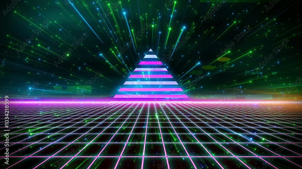 Cyber retro style 80s-90s futuristic grid wireframe backdrop. With Glitch vhs damage effect. Digital landscape neon dance style retro party laser pattern background.
