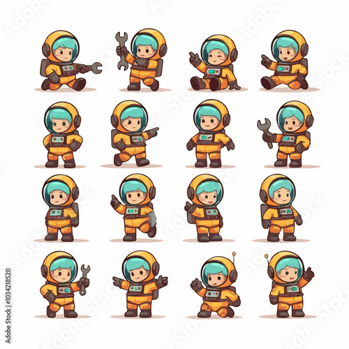 Moon explorers. Set of cartoon astronauts in a space suit. Vector illustration isolated on white background.