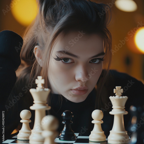 Konzentrierte Frau mit intensivem Blick über Schachbrett. Elegante Kleidung, strategische Pose. Professionelles Setting. Figuren gespannt platziert. Intellekt und Entschlossenheit ausstrahlen photo