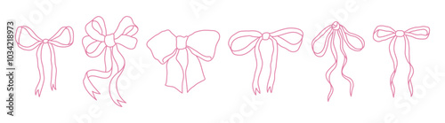 Hand-drawn whimsical pink gift bows. Girly сlipart for greeting cards, wedding invitations, posters. Monochrome line art graphic. Coquette aesthetics. photo