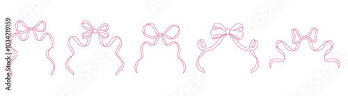 Frames with pink bows and ribbons in coquette aesthetics. Monochrome сlip art graphic for greeting cards, wedding invitations, posters. Hand-drawn illustration.