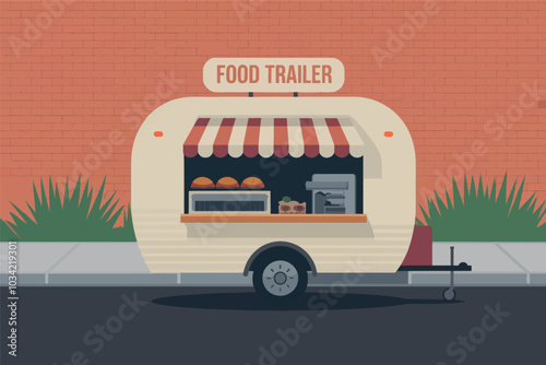 Food trailer on the street, brick wall in the background.