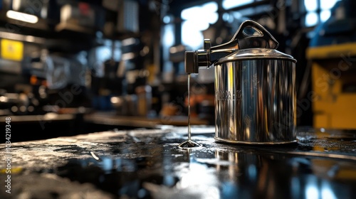 A metal oil can on an industrial workshop surrounded by tools and machinery photo