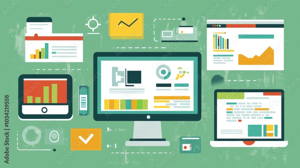 Flat design illustration of various digital devices, charts and graphs. Flat design illustration of various digital devices, charts and graphs.
