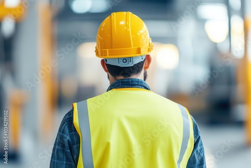 Engineer in safety gear, reviewing factory plans and technical documents, ensuring compliance with safety standards, industrial engineering, focused and responsible