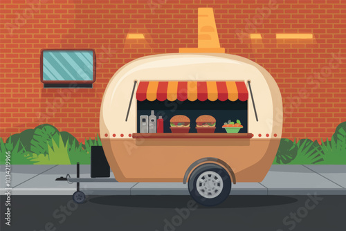 Food trailer on the street, brick wall in the background.