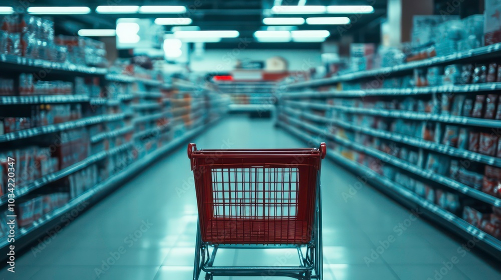 Empty shopping cart in a supermarket aisle with shelves full of products. Empty shopping cart in a supermarket aisle with shelves full of products.