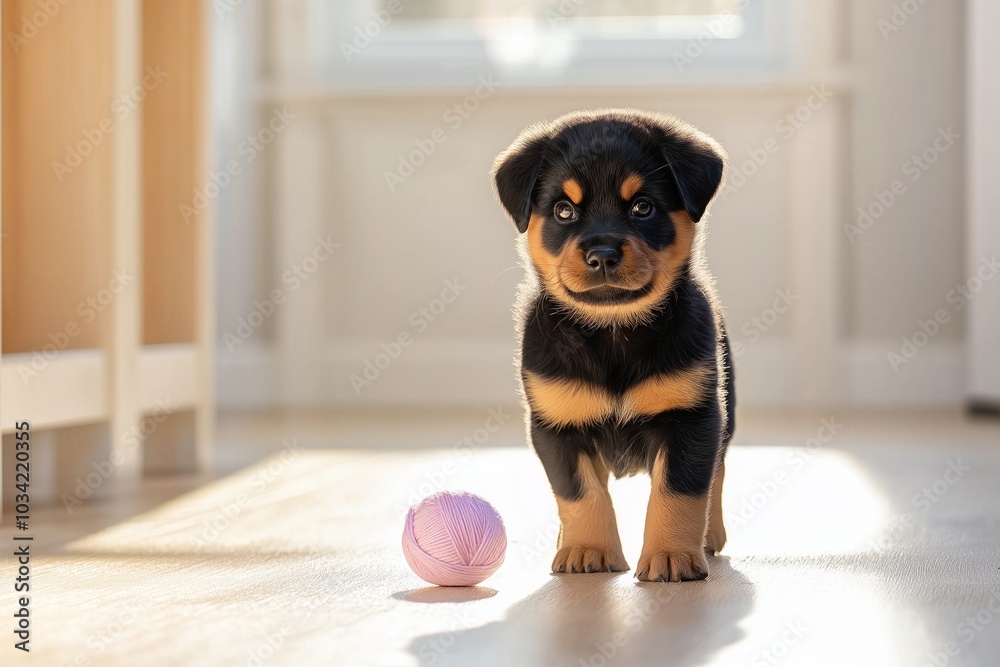 A playful Rottweiler puppy barks at a ball of yarn in a cozy indoor setting filled with soft shadows A playful Rottweiler puppy barks at a ball of yarn in a cozy indoor setting filled with soft shadows