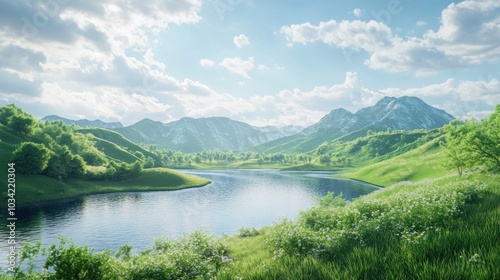 A serene landscape featuring mountains, a river, and lush greenery under a bright sky.