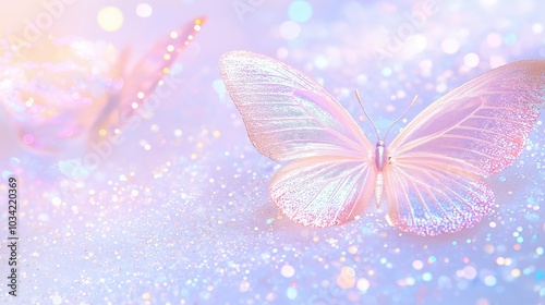 Iridescent butterfly on sparkling pastel background in ethereal light