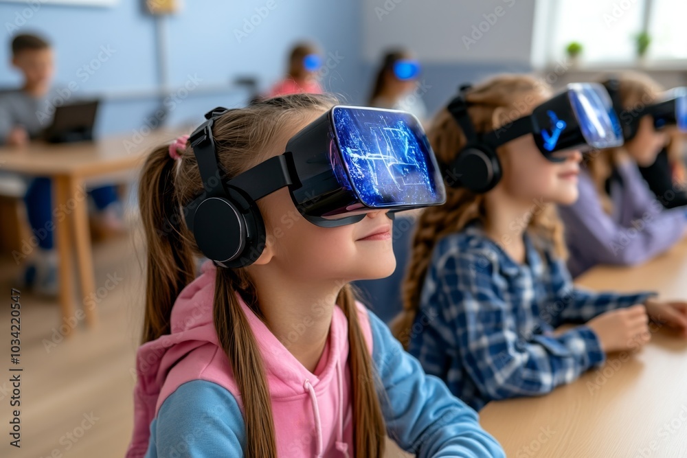 Students using holographic textbooks, with digital content floating in the air Students using holographic textbooks, with digital content floating in the air