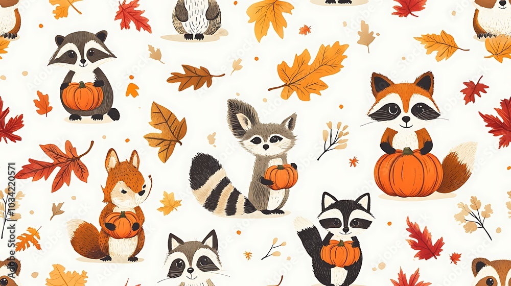 Fototapeta premium Playful woodland creatures like foxes, raccoons, and owls, each holding a tiny pumpkin, surrounded by vibrant autumn leaves,