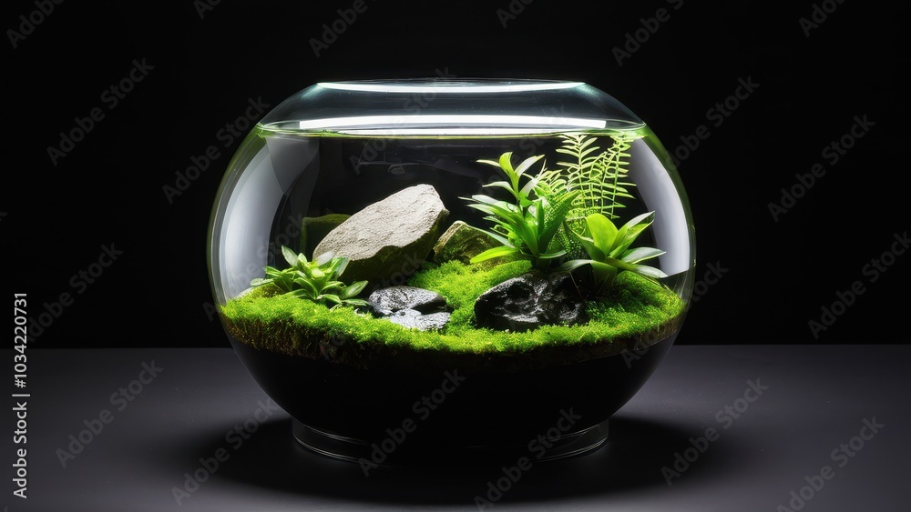 A vibrant mini terrarium featuring succulents and moss, set against a black background. Black background vivarium A vibrant mini terrarium featuring succulents and moss, set against a black background. Black background vivarium