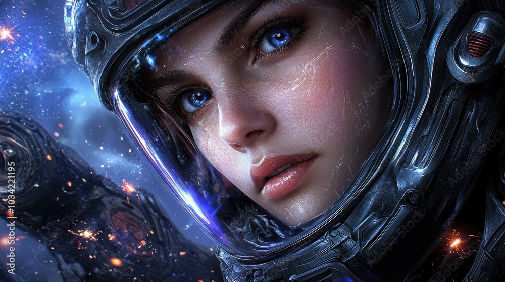 A woman in a space suit with blue eyes A woman in a space suit with blue eyes