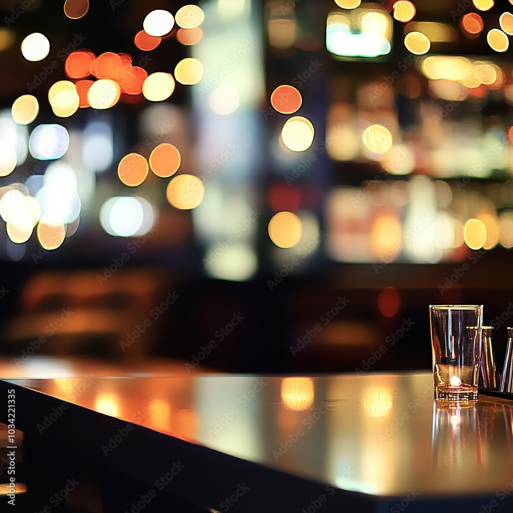 A stylish bar setting with bokeh lights and a glass on the table, creating an inviting atmosphere.