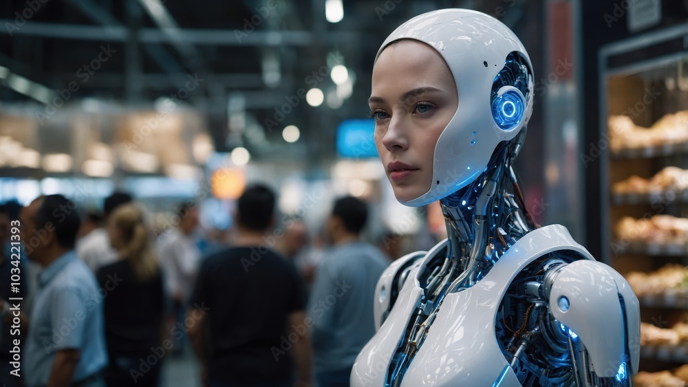 A beautiful humanoid female robot standing among people on the street. Her sleek design and human-like features contrast with the crowd, blending technology and humanity A beautiful humanoid female robot standing among people on the street. Her sleek design and human-like features contrast with the crowd, blending technology and humanity