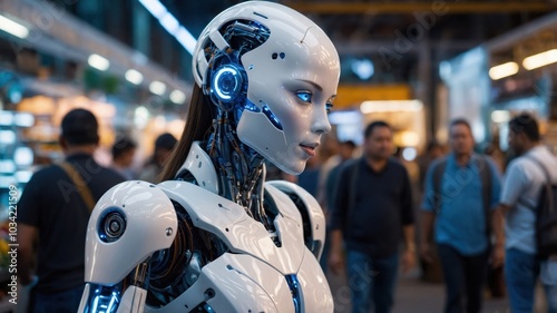 A humanoid woman strolls through the bustling city streets, showcasing a blend of technology and human-like features in an urban environment