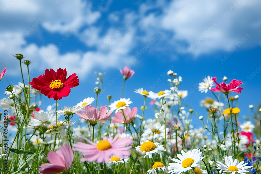 cosmos flower field with blue sky background. Generative Ai. cosmos flower field with blue sky background. Generative Ai.